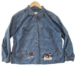 CJ Banks Womens 1X Denim Shirt Embroidered Snowman Christmas Tree‎ Long Sleeve